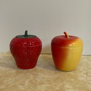 set of two Hazel Atlas strawberry and apple jam or jelly jars
